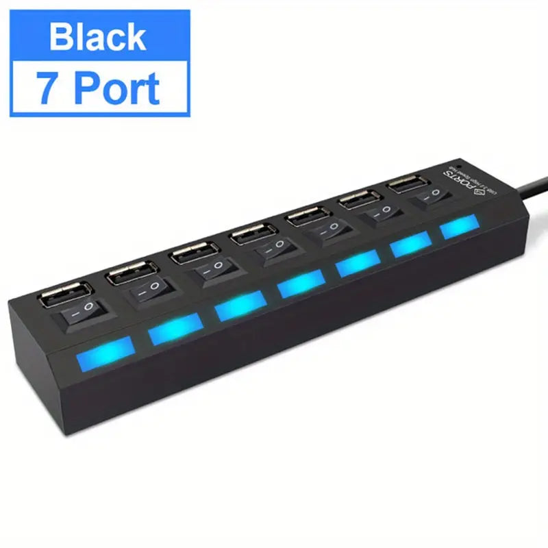 7 Ports LED USB 2.0 Adapter Hub Power On/ Off Switch For PC Laptop Computer