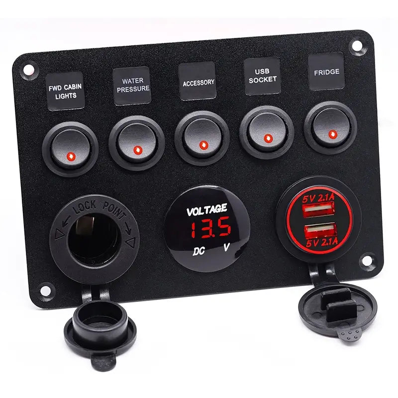 5 gang switch panel with USB and voltmeter and cigarette socket